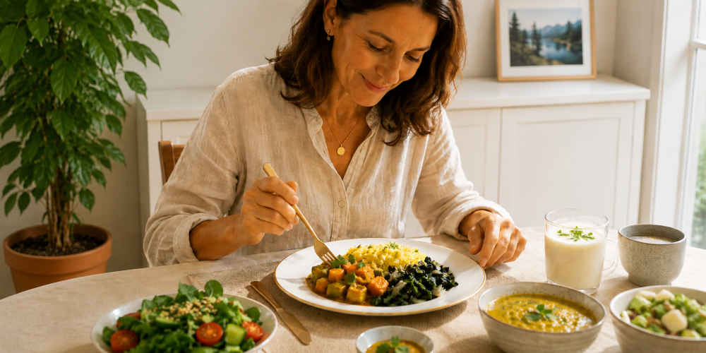 Frau beim ayurvedischen Mittagessen