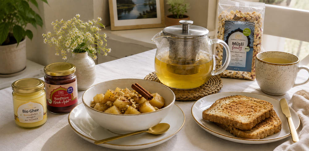 Ayurvedisches Frühstück mit gedünstetem Obst, Toast und Kräutertee
