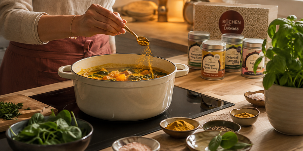 Frau würzt eine frisch gekochte Gemüsesuppe mit Gewürzen