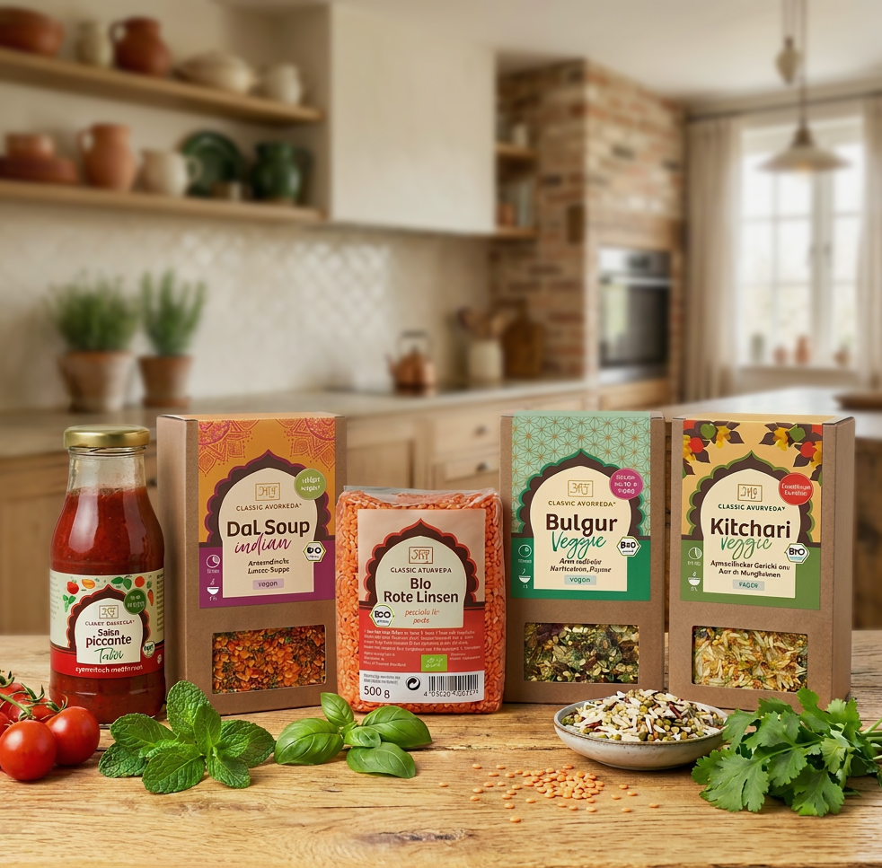 Auswahl schneller ayurvedischer Gerichte mit Dal, Bulgur und Kitchari
