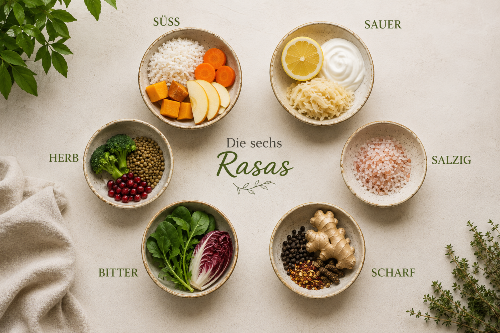 Die sechs Geschmacksrichtungen im Ayurveda: süß, sauer, salzig, scharf, bitter und herb