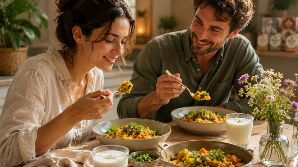Paar genießt gemeinsam ein warmes Gemüsegericht zum Mittagessen