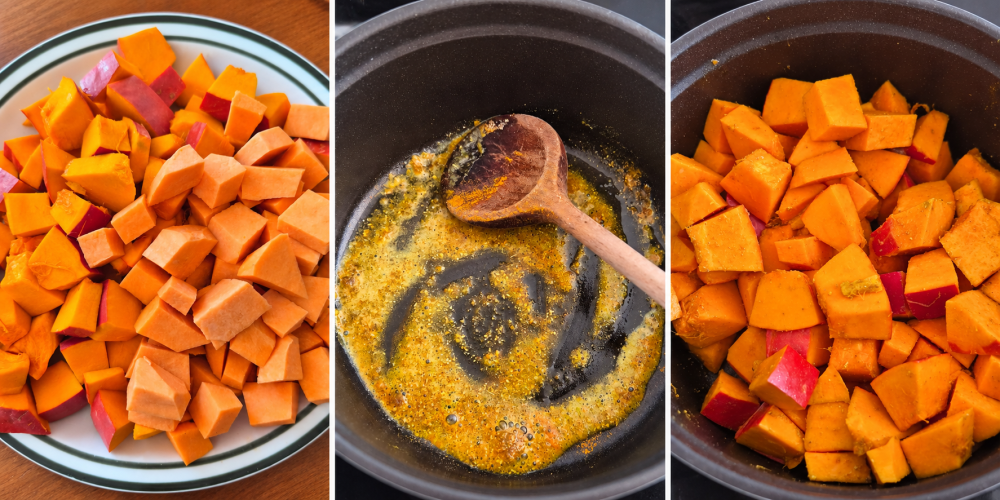 Zubereitung der ayurvedischen Kürbissuppe mit Kürbis und Süßkartoffel, Gewürzen im Topf und Gemüse beim Garen Zubereitung der ayurvedischen Kürbissuppe mit Kürbis und Süßkartoffel, Gewürzen im Topf und Gemüse beim Garen