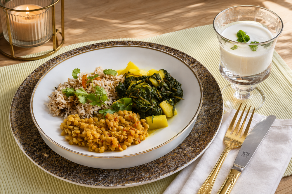 Ayurvedischer Gewürzreis mit Blattgemüse und Dal Ayurvedischer Gewürzreis mit Blattgemüse und Dal