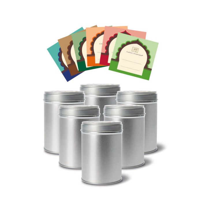 Leere Aromaschutzdosen, 6 Stück, rund mit Etiketten main product photo